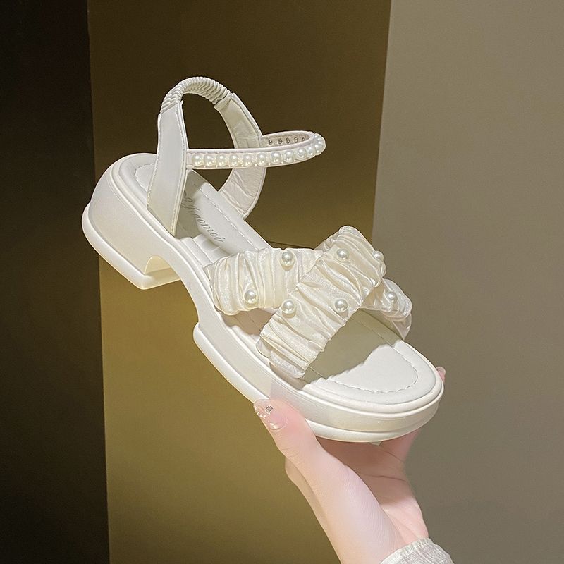 Fashion Outdoor Chunky Ladies Shoes Block Heel Sandals for Women Summer 2024 Thick Footwear Pearl Daily On Offer Wholesale Designer H F