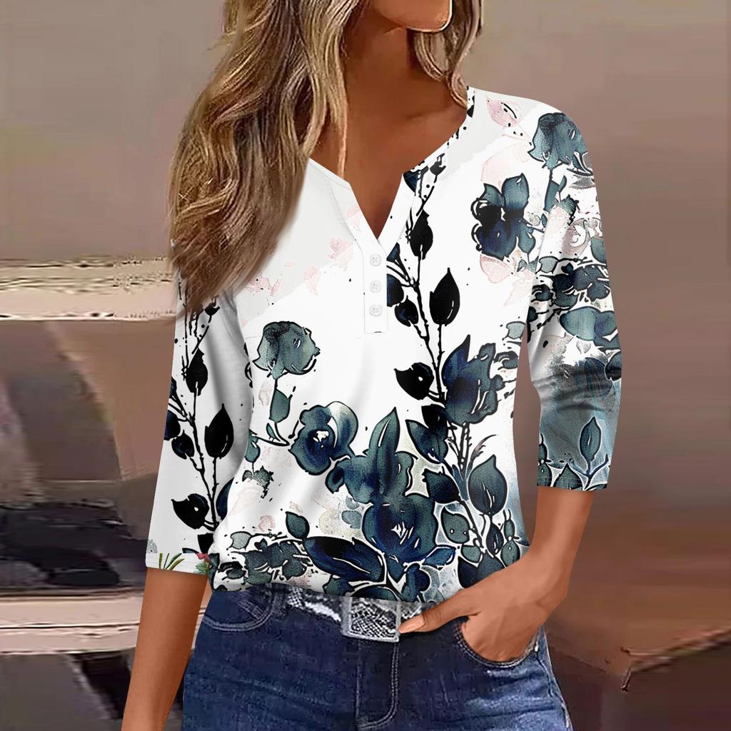 Жен. Футболка Футболка С принтом Пуговицы Рукав 3/4 Повседневные Выходные Мода Классический Классический V-образный вырез Обычный Верх