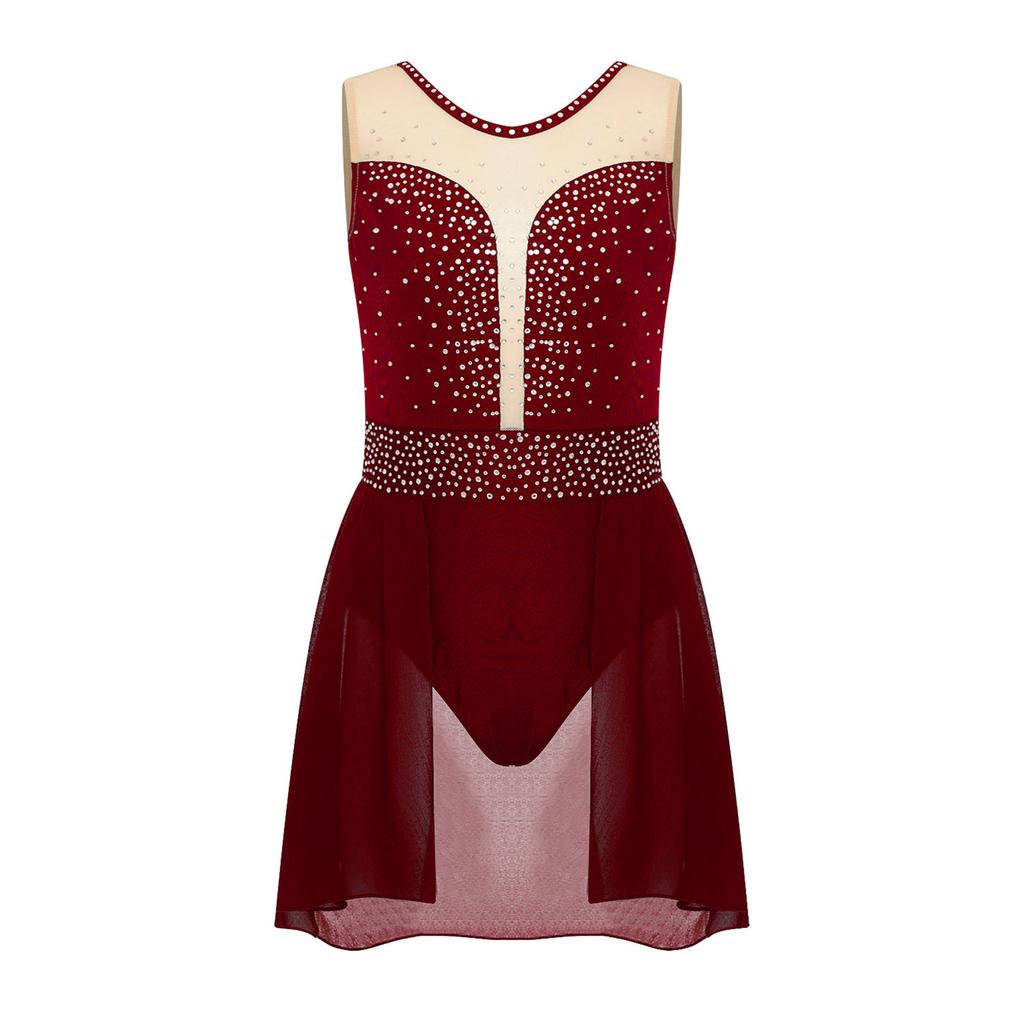 Лирический танцевальный купальник для девочек, блестящие стразы, перекрещивающиеся сзади, U-образный вырез, юбка