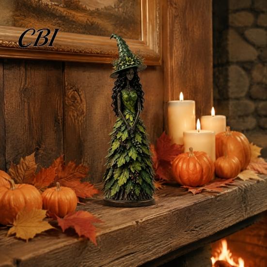 Autumn Home Decor Witch Figurine Statue, Resin Halloween Fall Tabletop Decor, Seasonal Mantle Display Shelf Ornament for Mantel Fireplace Desk Tiered