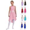 Kids Girls Lyrical Modern Dance Wear Sleeveless Rhinestone Ruched High Low Hem Leotard Dress