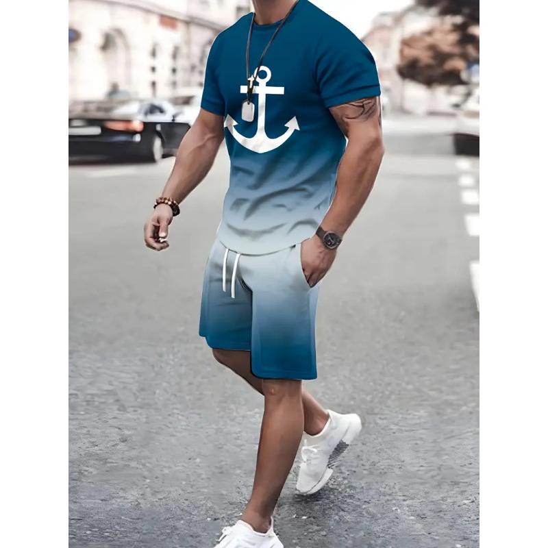 Men's Suit Casual Simple Pattern Printing T-shirt Hawaiian Casual Vacation T-shirt Two Piece Quick Drying Short Sleeved Men Set