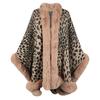 Women Autumn Winter Fur Collar Leopard Pattern Shawl Cardigan Fashion Vintage Batwing Sleeve Thick Warm Cape Coat