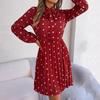 Autumn Winter Women's High Waist Pleated Dress Long Sleeve Lace Up Dot Temperament