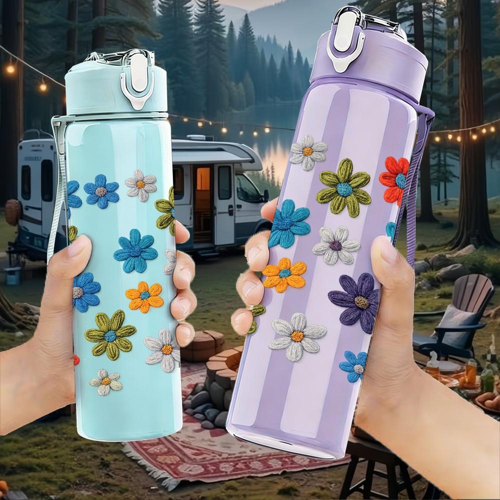 1PC Multicolor Small Flower Cluster Print 750ml Color Plastic Sports Water Bottle Leakproof Flip Straw Lid Suitable for Sports Office Home Use