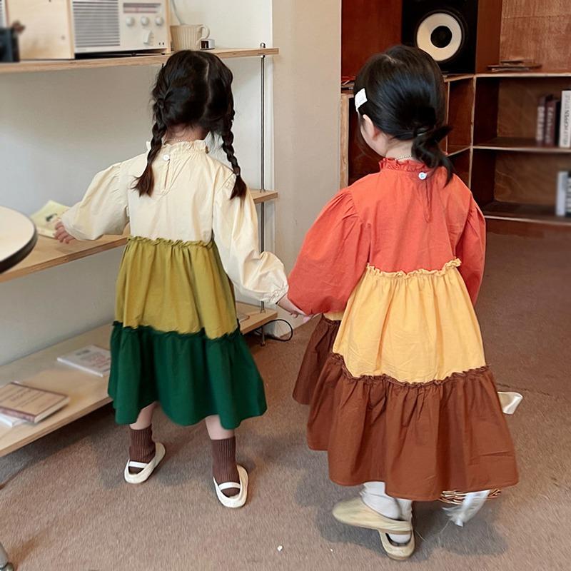 Платье с длинными рукавами для девочек, весна и осень, однотонное лоскутное платье