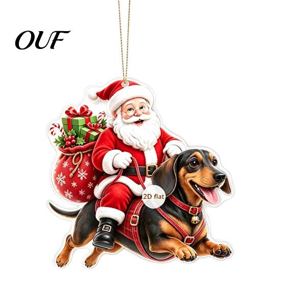 Small Dog Themed Christmas Decor Dachshund Ornaments, 2D Flat Acrylic Xmas Tree for Lovers Hanging Decoration Car Rearview Mirror, Holiday Home Party