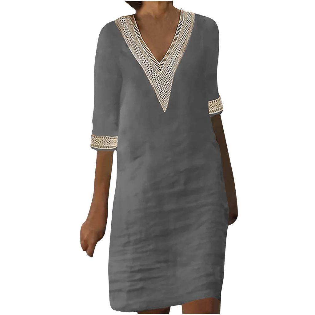 Women's Solid Color V-neck Mid Sleeve Cotton Linen Casual Dress