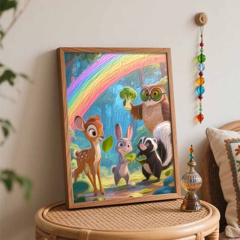 Disney digital oil painting forest animals rainbow owl deer rabbit skunk art painting handmade diy home decorations