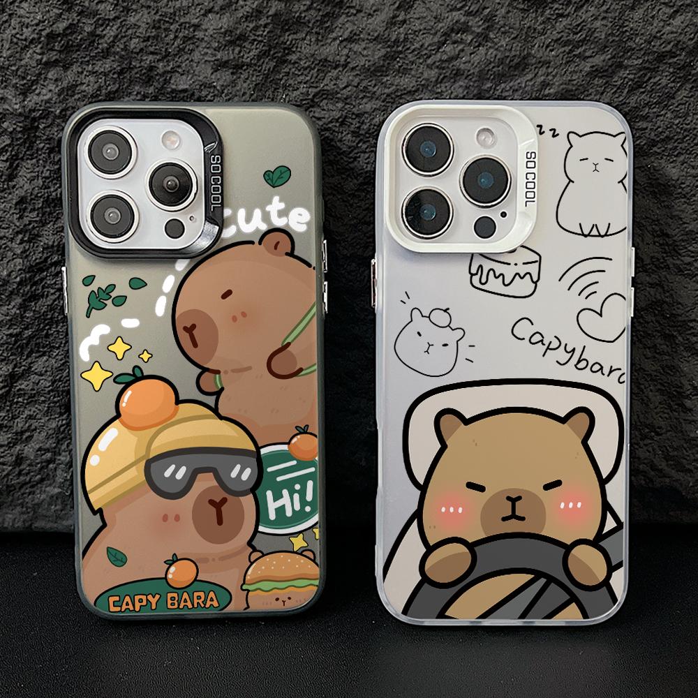 Lovely Cartoon Capybara Phone Case for iPhone 17 Air 16 16e 15 14 Plus 13 12 11 Pro Max X Xs XR 8 Colorful Silver Hard Cover
