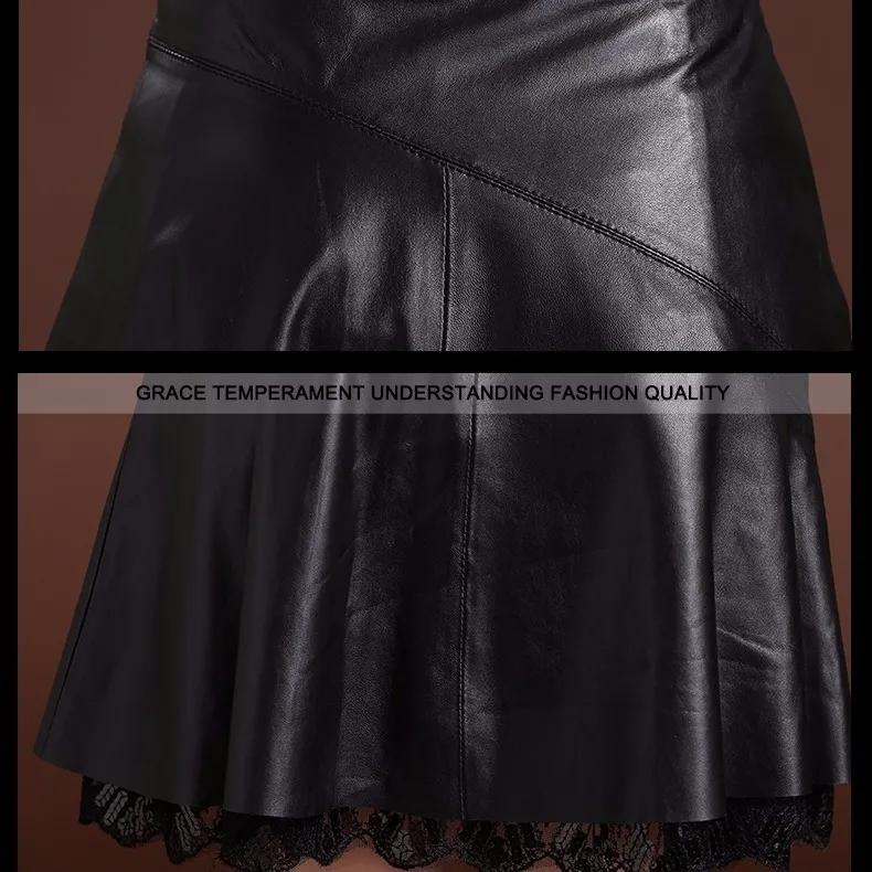 Women's Artificial Leather Skirt High Waist Sexy Lace Stitching A-line Skirt Autumn Winter Sexy Black Pleated Skirt