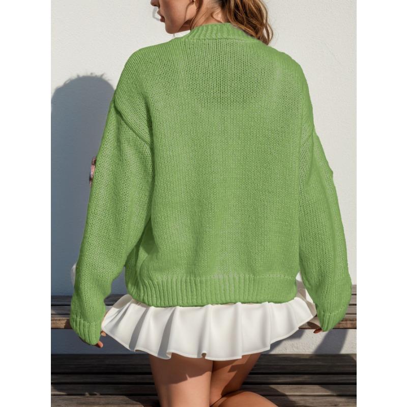 Женский осенне-зимний милый вязаный кардиган с длинным рукавом на пуговицах, свободный теплый свитер с цветочным принтом, открытое пальто спереди