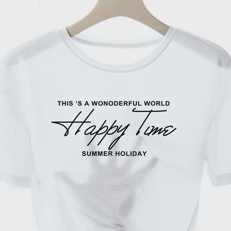 Мужская быстросохнущая сетчатая спортивная футболка Ice Silk с принтом — круглый вырез, короткий рукав, летний выпуск 2024 г.