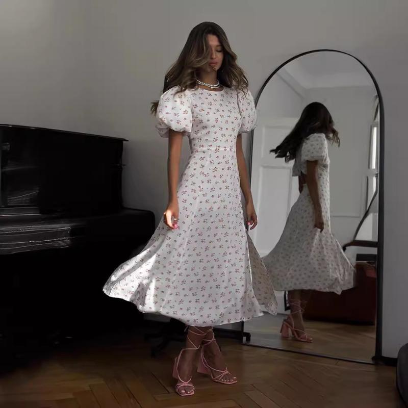 Women's Summer Fashion Floral Print Dress French Crew-neck Puffed Sleeve Split Dress