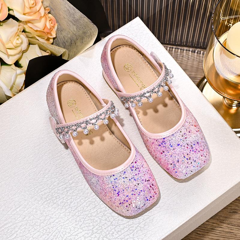 Girls' leather shoes2026New summer pearl-embellished princess shoes, girls' single shoes, dance shoes, and crystal shoes for parties