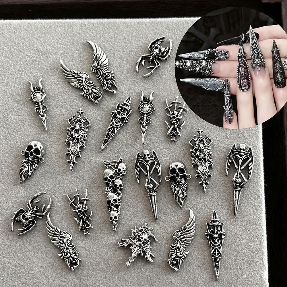 10/30PC Mix Retro Silver Gothic Halloween Nail Charms Alloy Punk Skull Spider Cross Wing Sword Nail Decorations Dark Style Nails