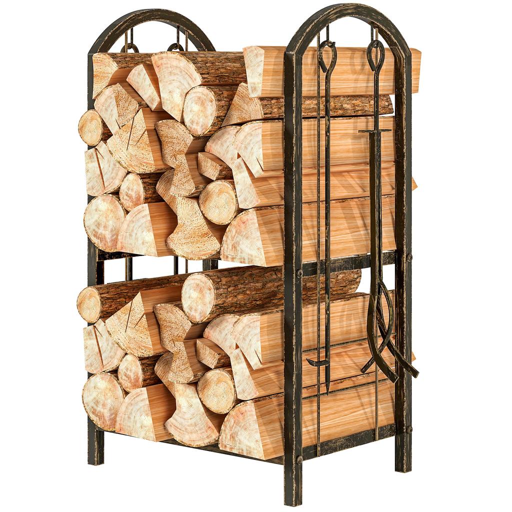 Indoor Firewood Rack 43 X 30 X 74cm 2 Tier Firewood Storage Rack With 4 Fireplace Tools And Hooks