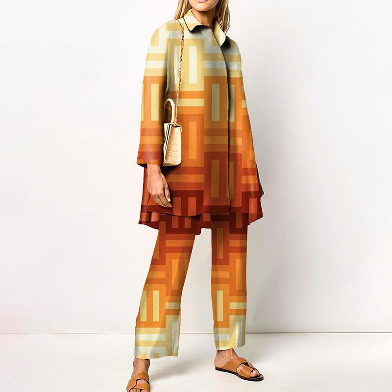 Женский комплект: рубашка и брюки с широкими штанинами, зеленый геометрический принт