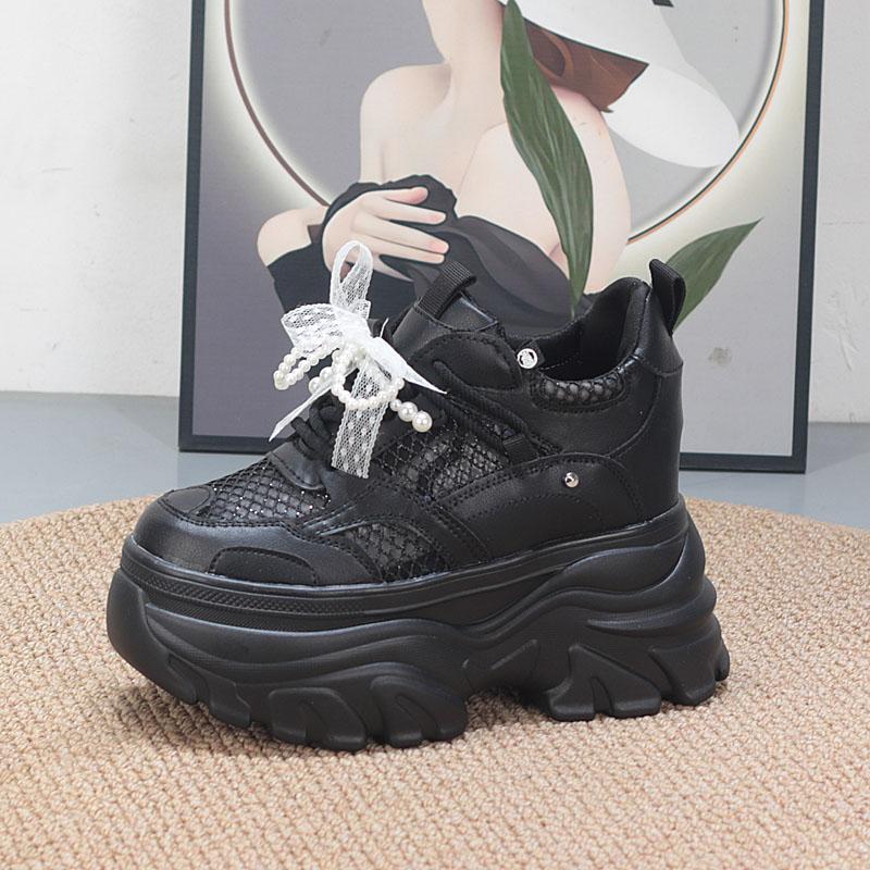 Мода 11 см Воздушная сетка Микрофибра Кожа Высокий бренд Удобные Массивные Кроссовки Шнуровка Обувь Сандалии Женщины Платформа Танкетка Мода Лето