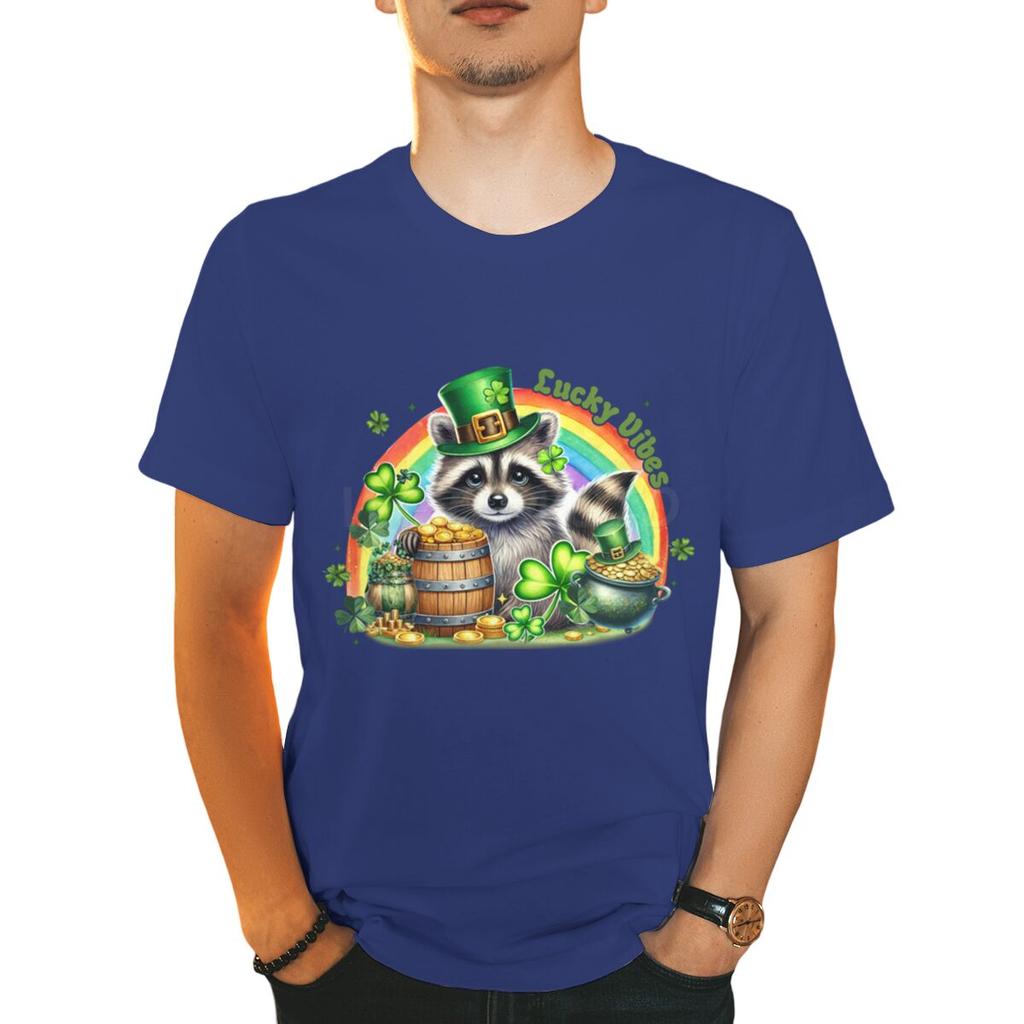 St Patricks Day Raccoon Shirt Lucky Vibes Short Sleeve Round Neck Tee Cartoon Lucky Raccoon St Patricks Day Unisex TShirt