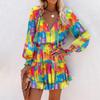 Women's Spring and Summer Long-sleeved V-neck Fashion Printing Waist Dresses