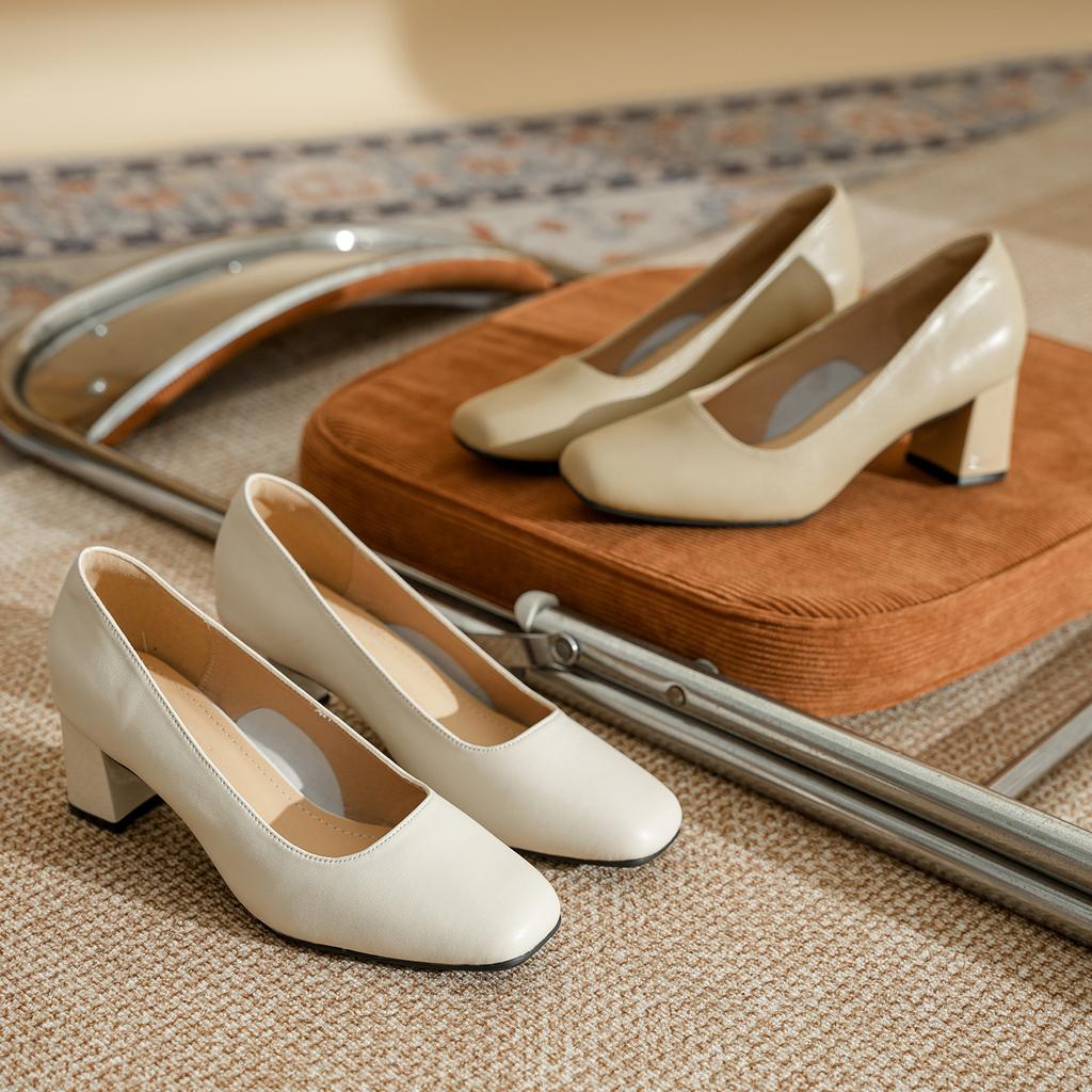 Кожаная версия толстый каблук не устают ноги для поездок на работу квадратный носок туфли женские весна и осень легкий вырез с юбкой низкий каблук средний каблук wo