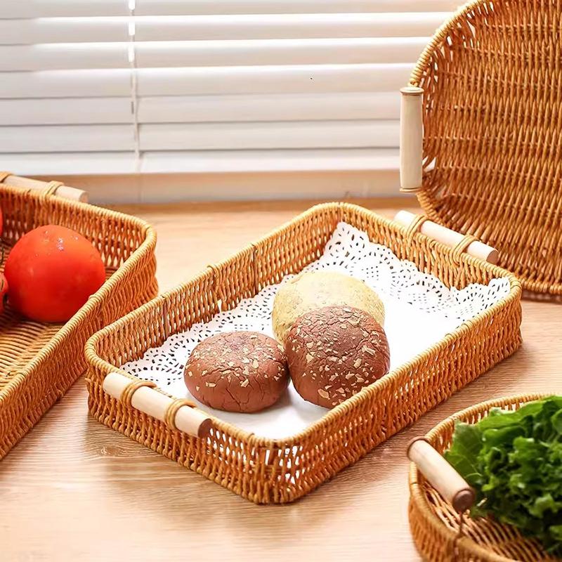 Storage Tray Round Rattan Woven Tray Fruit Breakfast Tea Storage Basket Desktop Sundries Organizer Bread Plates With Wood Handle