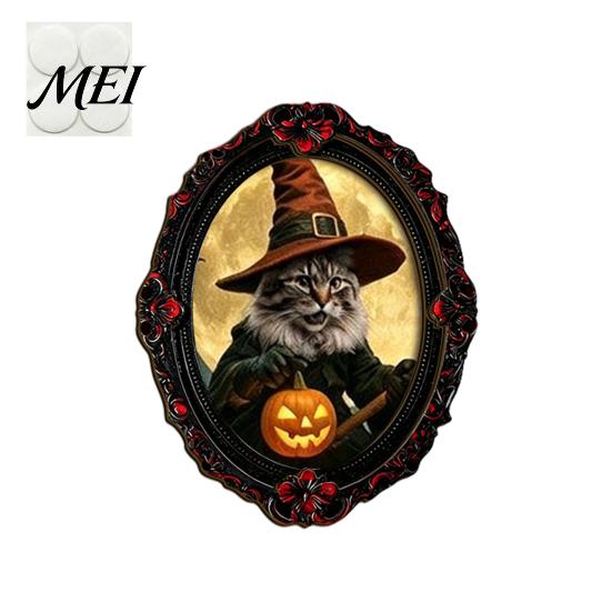 Halloween Themed Decor Pet Photo Frame Decoration, with Adhesive Dot, Witch Hat Cat Dog Home Office Wall Wooden Decor, Retro Animal Ornament for