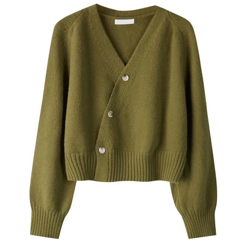 Autumn Winter Skew Button Cardigan V-neck Sweater Women Knitted Long Sleeve Tops Korean Loose Solid Cashmere Sweater for Woman