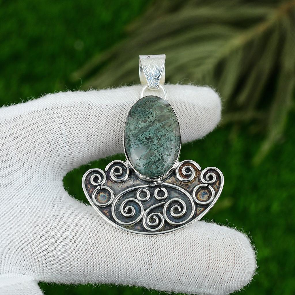 925 Sterling Silver Oval Solar Moss Agate Gemstone Bezel Sister Art Deco Pendant