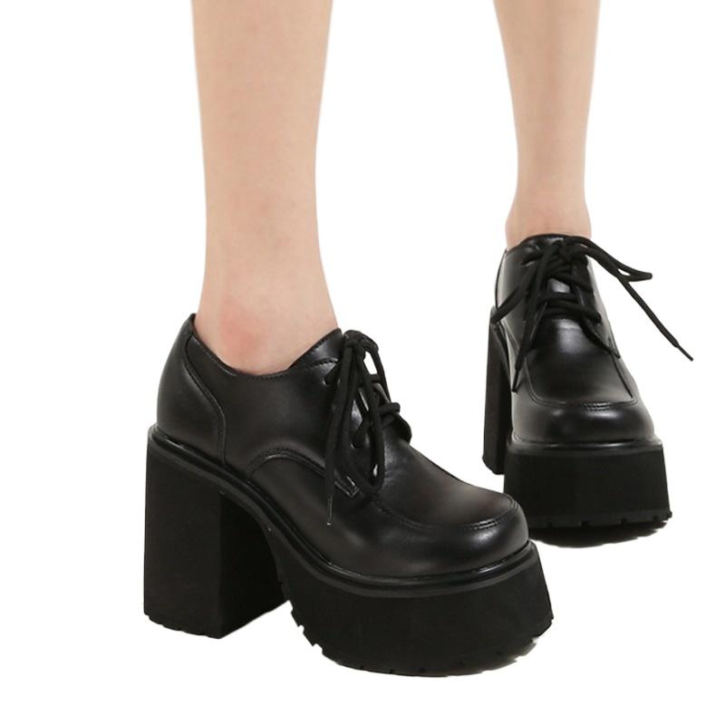 11см Сверхвысокий каблук Водонепроницаемая платформа Новые женские больших размеров 35-40 Шнуровка Толстая подошва Круглый носок Одинарная обувь Zapatos Mujer