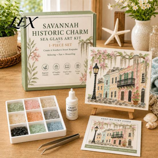 Garden Decoration Stones DIY Sea Glass Mosaic Art Kit, Ocean/Landscape Inspired Artwork Decorative for Patio with Colorful Pieces, Craft Set