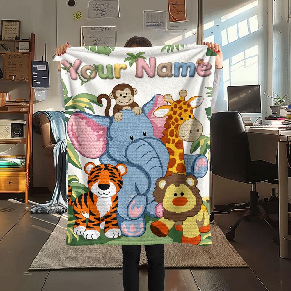 Custom Name,Cute Safari Animal Series Printed Flannel Blanket, soft throw for bedroom sofa, washable,fan merchandise, great gift.chl