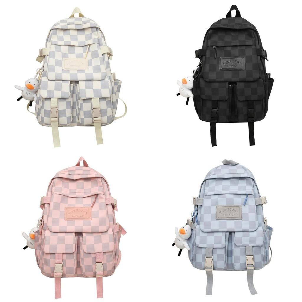 Academy Style Plaid Backpack For Women 2023 New Cross-border Middle School Student Bag Large Capacity Travel Double Shoulder Bag White