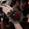 Artificial Rose Hand Flower Black Burgundy Tulle Mesh Corsage for Bridal Groom, Gothic Aesthetic Wristwear Women Boutonniere Wedding, Prom,