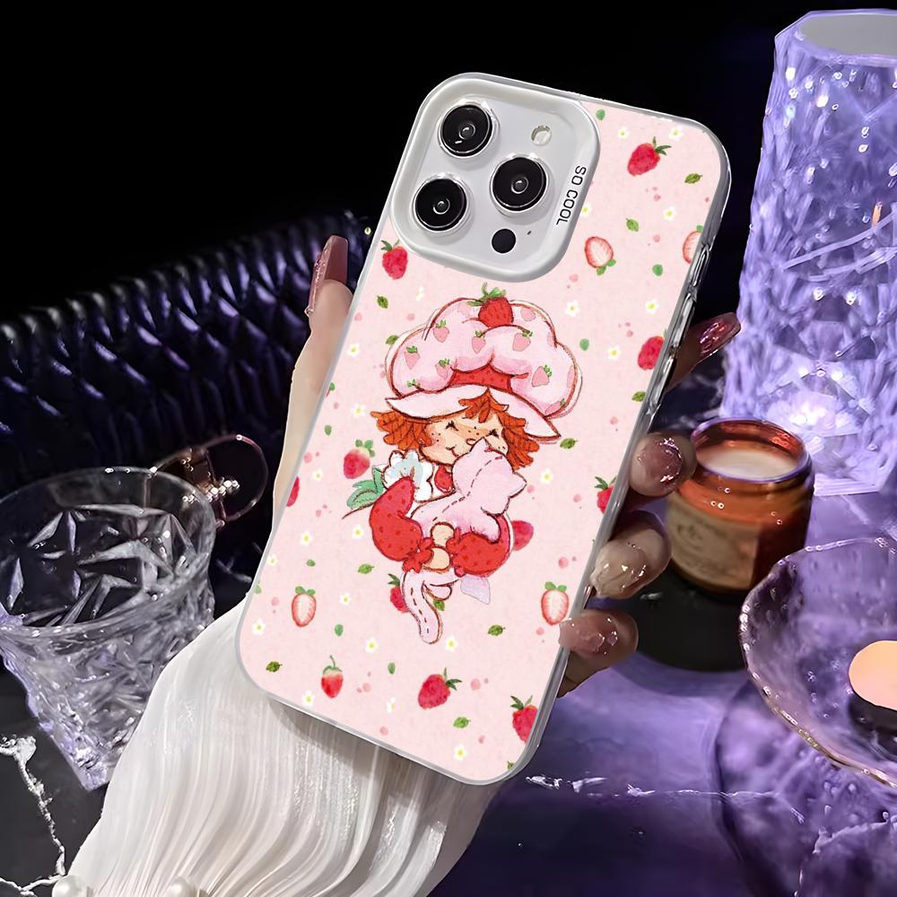 Розовая Клубничная Мультяшная S-Shortcake Чехол Для Телефона Для iPhone 16 15 14 13 12 11 Pro Max Белый Матовый Лазерный Металлик Аврора Funda