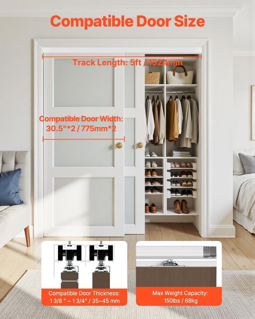 Bypass Door Hardware 5ft Bypass Closet Door Track Kit for 2 Door System