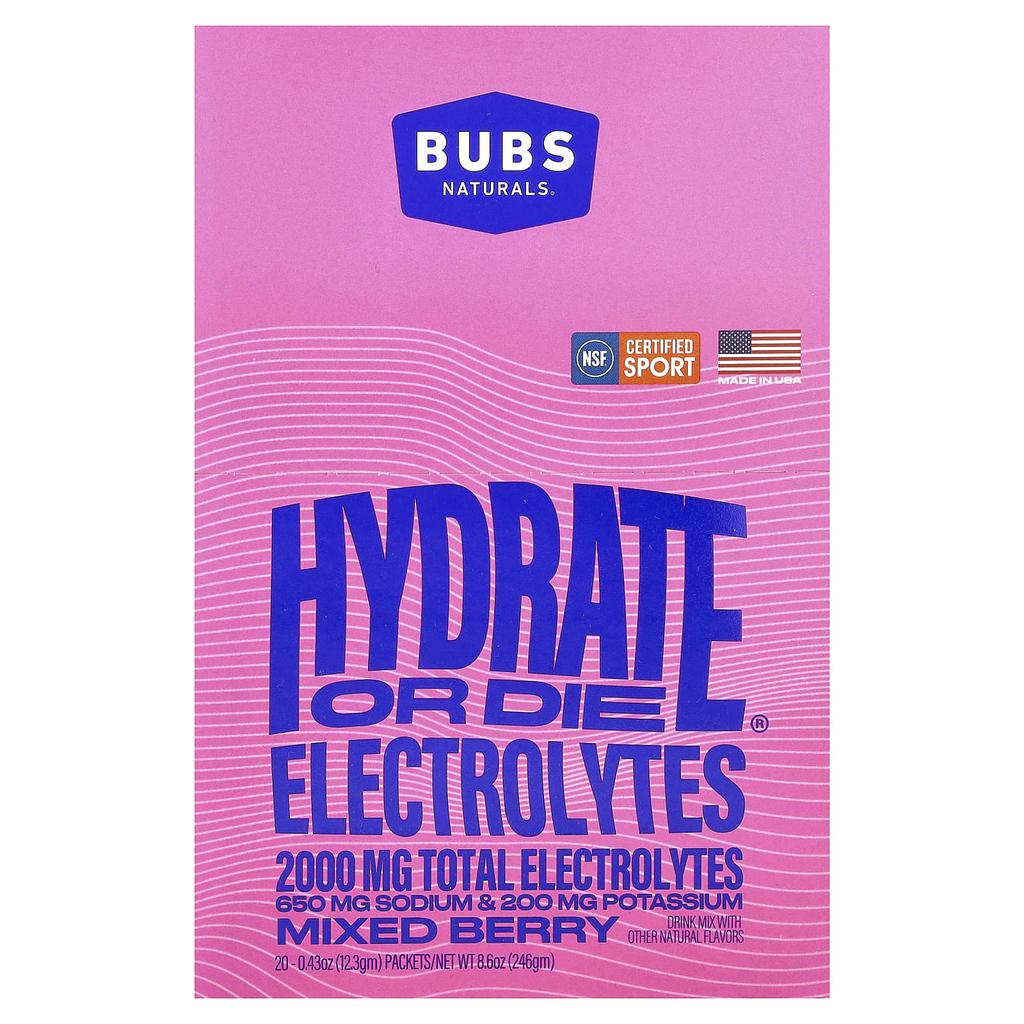 BUBS Naturals Hydrate or Die®, Electrolyte Drink Mix, Mixed Berry, 20 Packets, 12.3 G (0.43 Oz) Each