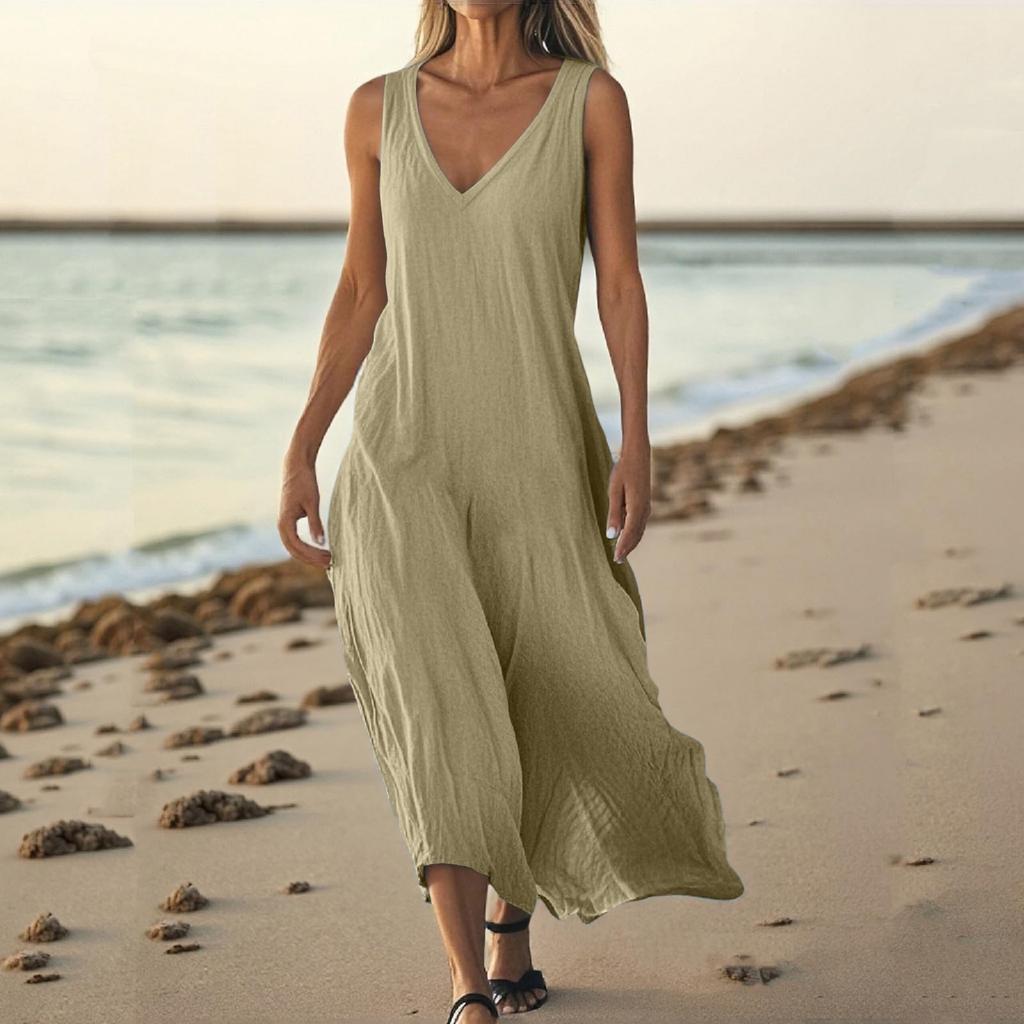 Women Casual Summer Solid Color Tank Sleeveless Dress Hollow Out Loose Beach Dress