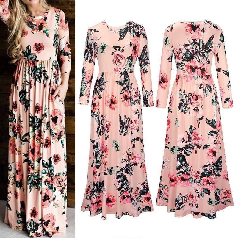 Elegant Summer Floral Print Long Sleeve Dress For Women In White Pink Green And Navy Blue