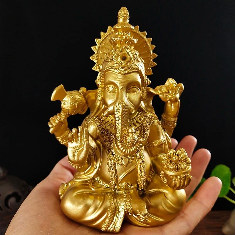 Gold Lord Ganesha Statue Sculpture Big Resin Ornaments Hindu Elephant God Buddha Statues Figurine Home Decoration Lucky Gifts