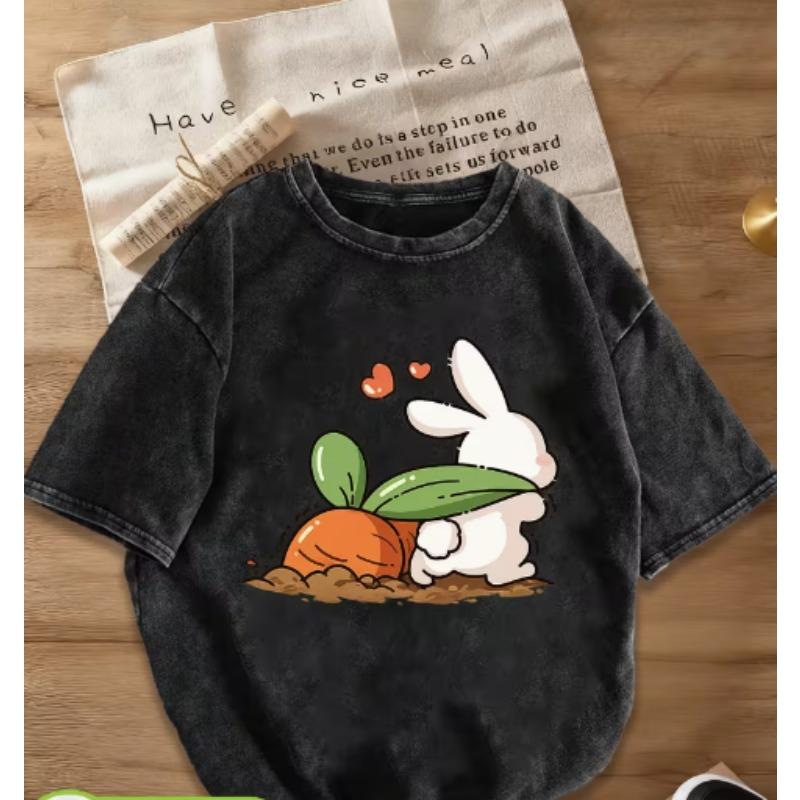 Cute Rabbit Hugs Carrots Cartoon Printed Washed Used Womens Large Tshirts