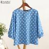 ZANZEA Женская повседневная блузка с круглым вырезом, рукавом 3/4 и свободным кроем, с принтом в горошек