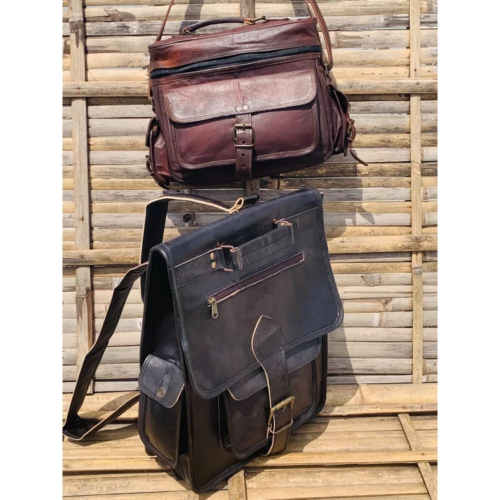 Men's Backpack Travel Laptop Goat Leather Vintage Black  Bag  ( Free Camera Brown Bag Size - 11 X 9 X 5 In )