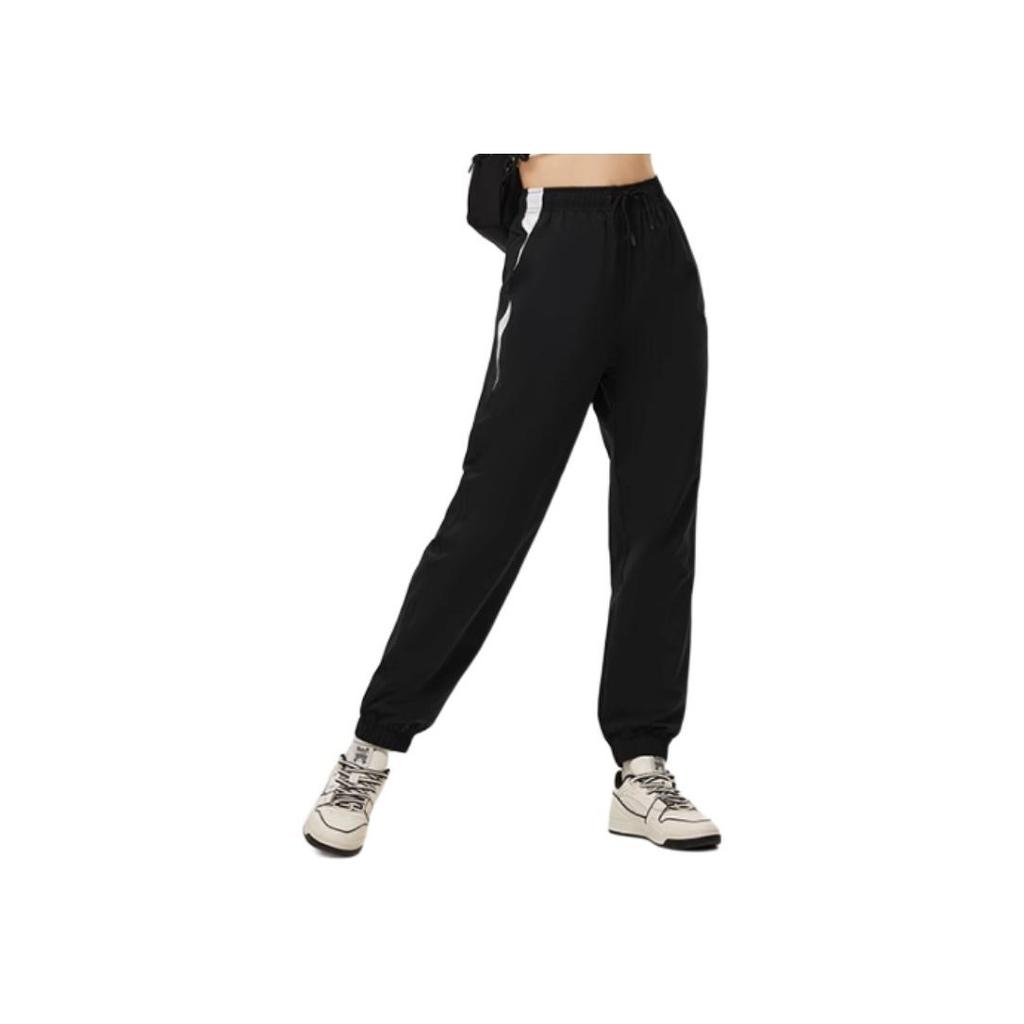 Li-Ning Color Block Drawstring Mid Waist Cuffed Knit Sports Pants Women Bottoms Black AYKU366-2
