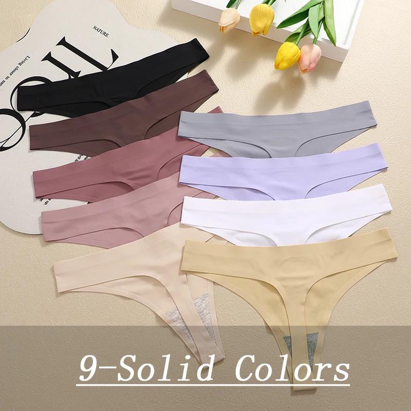 FINETOO Women Seamless Thong Maillard Color Sexy G-String Female Multi Color Ice Silk No Trace Underwear High Cut Soft Panties