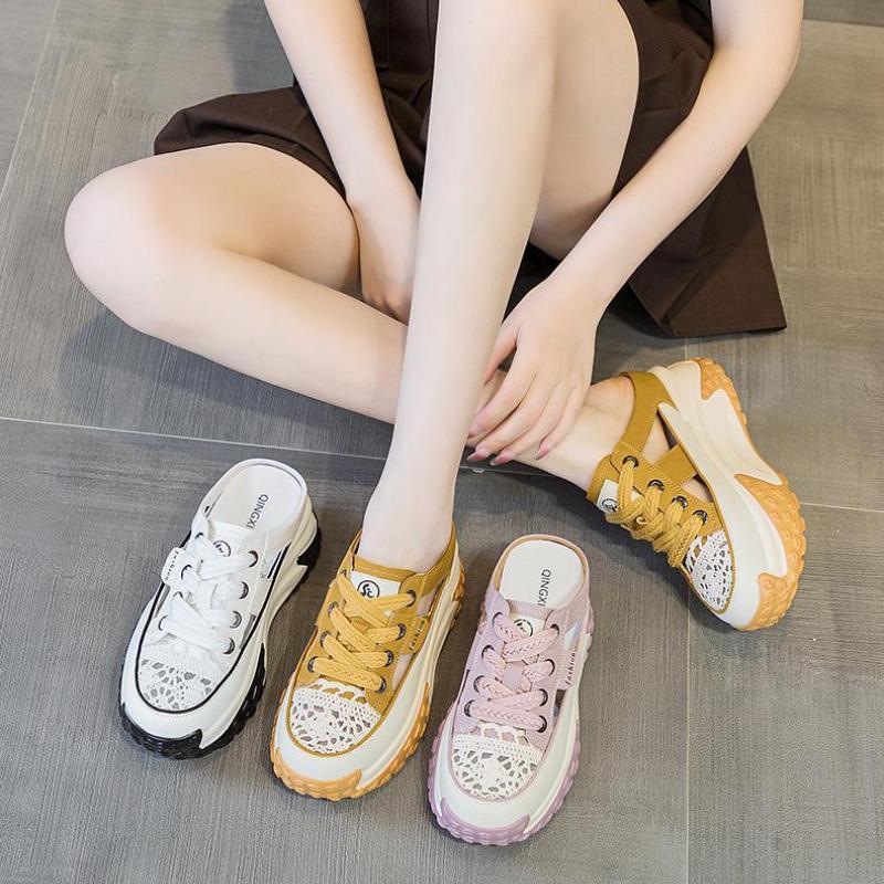 Дизайнерские женские шлепанцы Baotou, туфли-мюли на платформе, трендовые шнурованные дышащие клинья, полушлепанцы, уличные женские повседневные сандалии