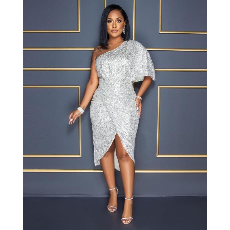 Solid Colour Evening Dress Sequins Strapless Sexy Elegant Mid-waist Women's Dress