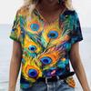 Summer Fashions Women‘S T-Shirts Colorful Peacock Feather Prined Short Sleeve Clothing V Neck Woman Loose Porosity