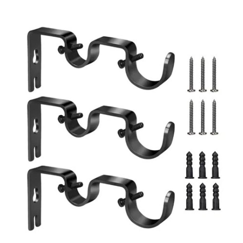 3Pcs Black Curtain Rod Bracket Iron Curtain Rod Hook Heavy Duty Curtain Rod Holder For Bedroom